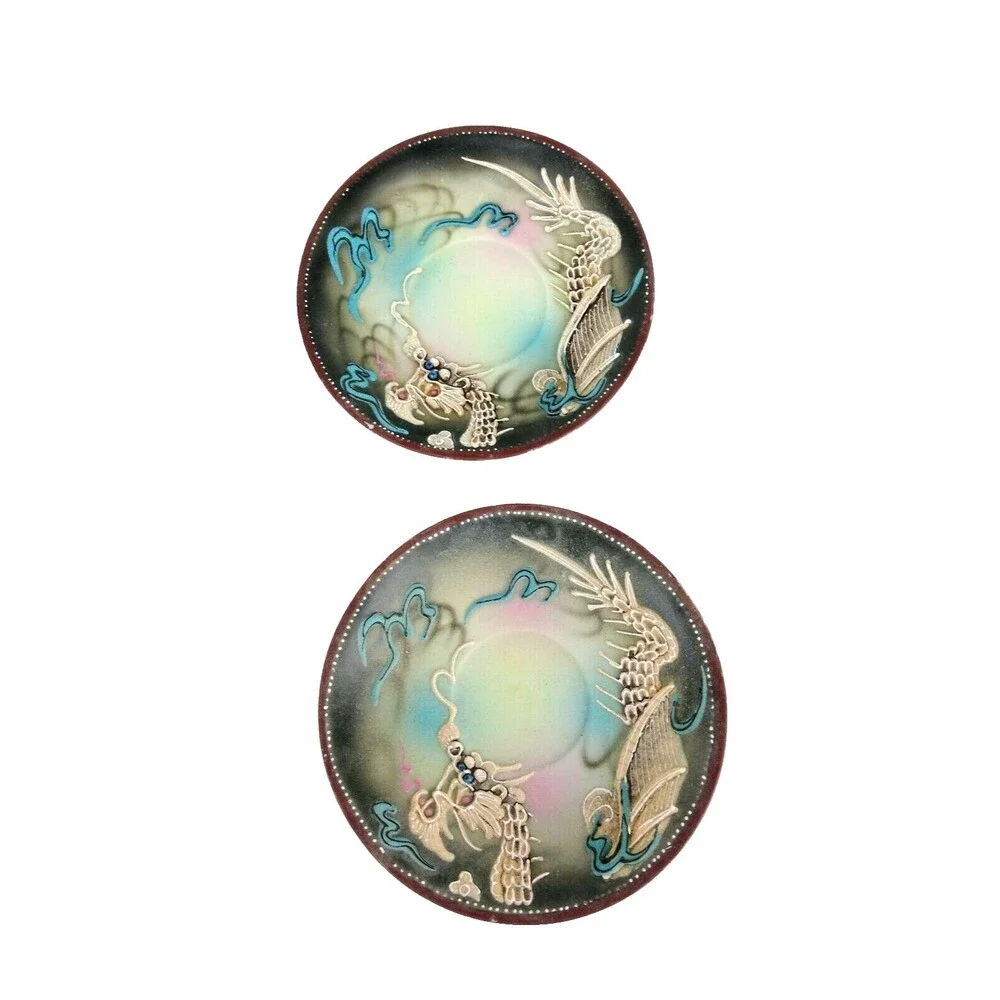 Vintage Japanese Moriage Shift Raised Dragon Set of Four Saucer Plates